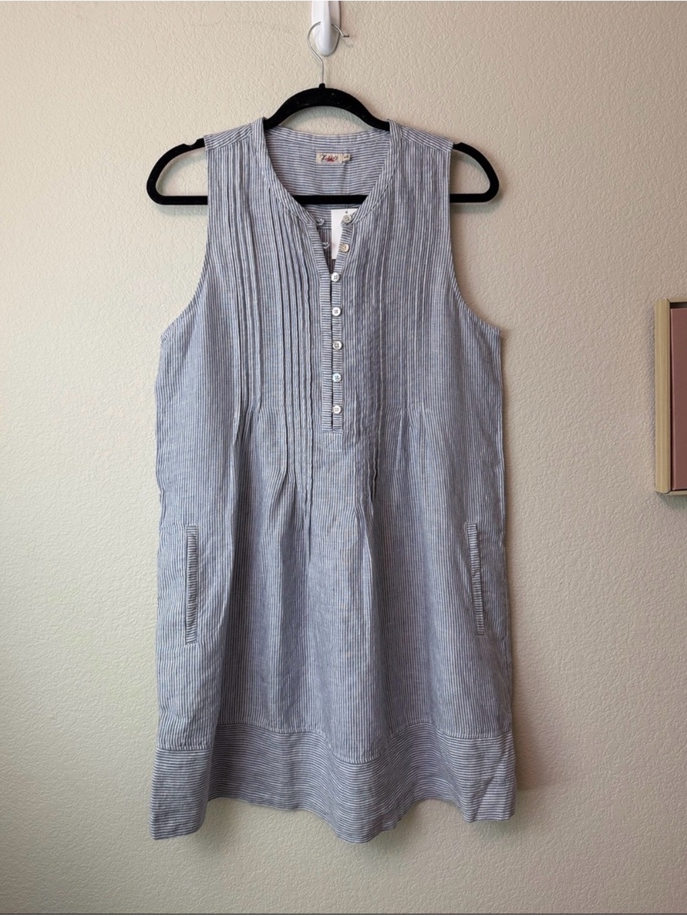 Faherty 100% Linen Sleeveless Blue-Striped Cotton Tunic Dress Size Medium